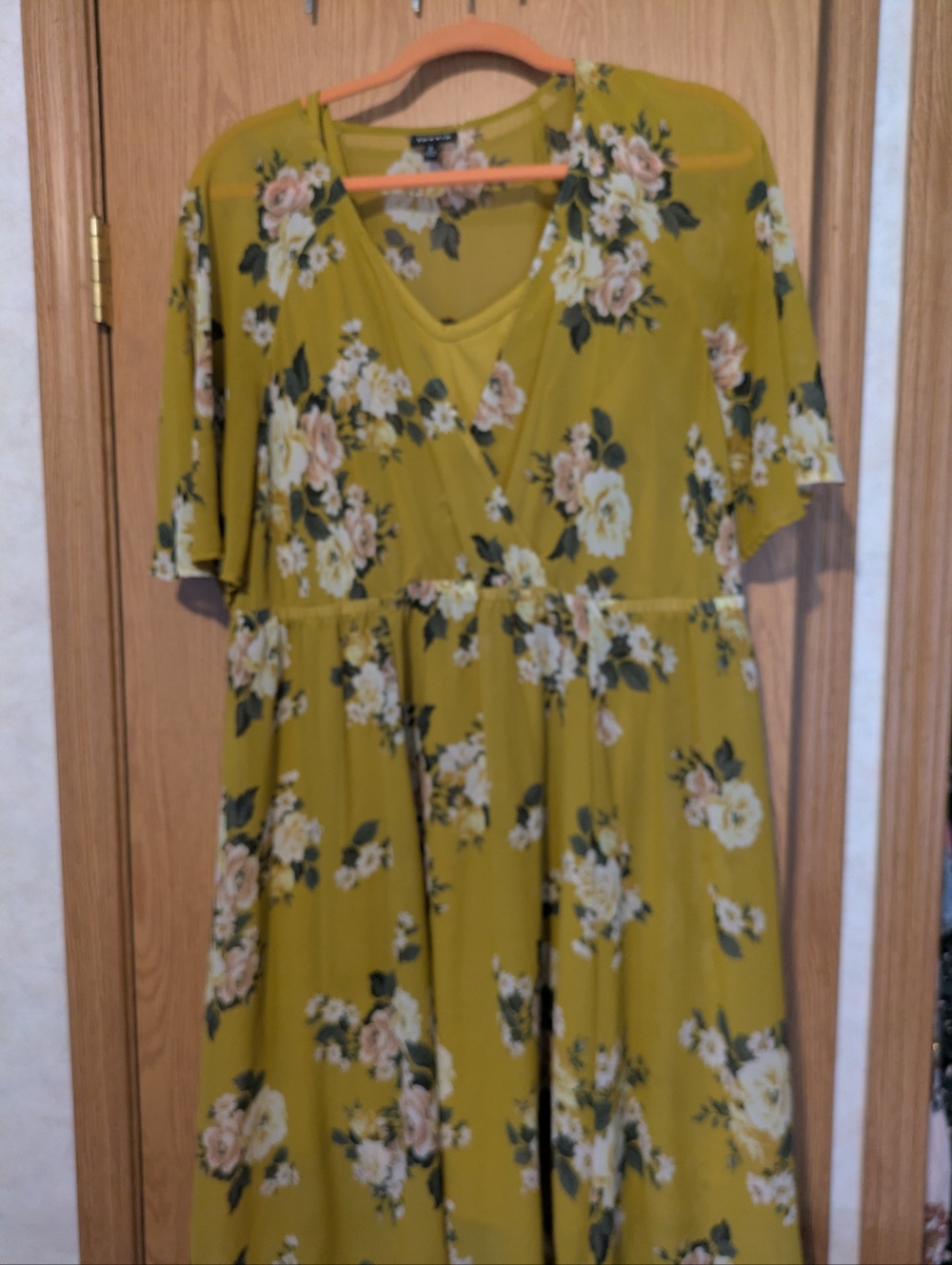 Torrid Floral V-Neck Midi Dress in Mustard Sheer  With Slip